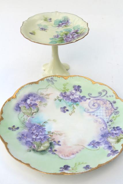 photo of vintage hand painted violets china plate & pedestal candy dish, dessert stand pieces #4