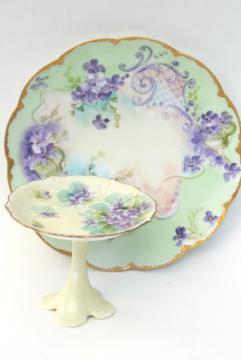 catalog photo of vintage hand painted violets china plate & pedestal candy dish, dessert stand pieces