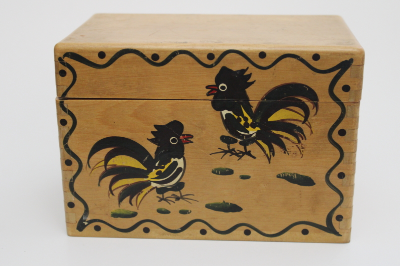photo of vintage hand painted wood recipes box w/ roosters, Woodpecker Ware made in Japan #1