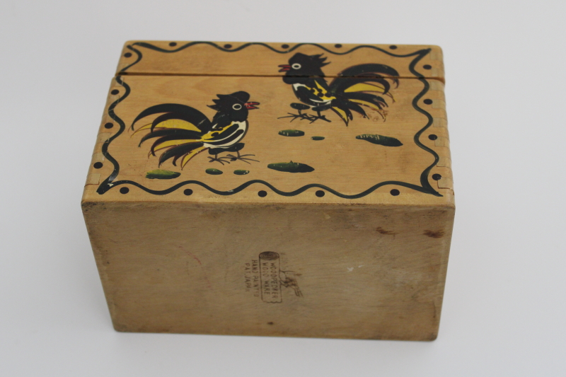 photo of vintage hand painted wood recipes box w/ roosters, Woodpecker Ware made in Japan #4