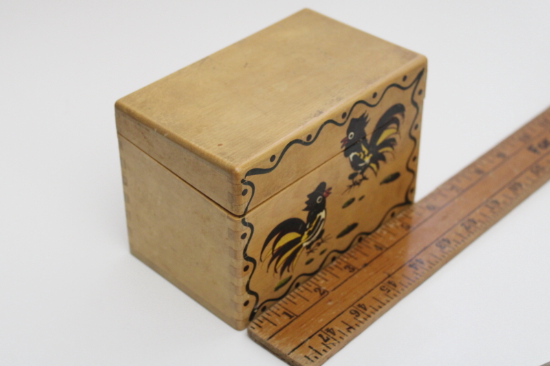 photo of vintage hand painted wood recipes box w/ roosters, Woodpecker Ware made in Japan #7