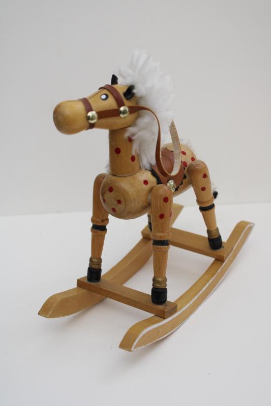 photo of vintage hand painted wooden rocking horse, doll sized toy or holiday decoration #1