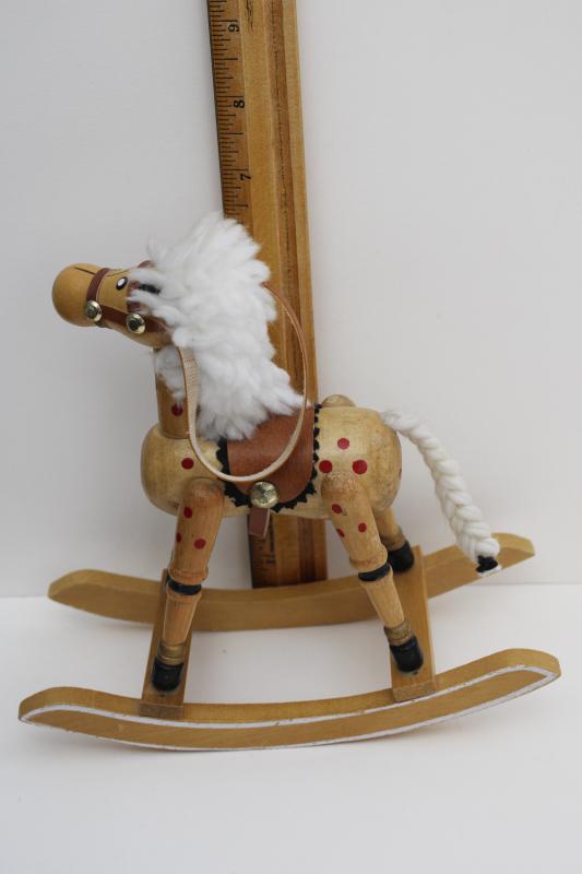 photo of vintage hand painted wooden rocking horse, doll sized toy or holiday decoration #6