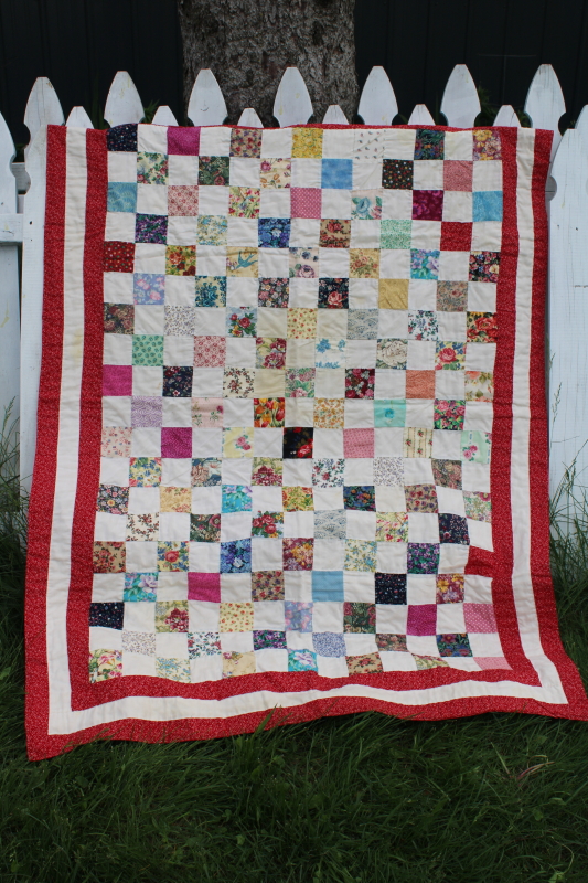 photo of vintage hand quilted cotton patchwork mini quilt wall hanging, colorful print fabric blocks #1