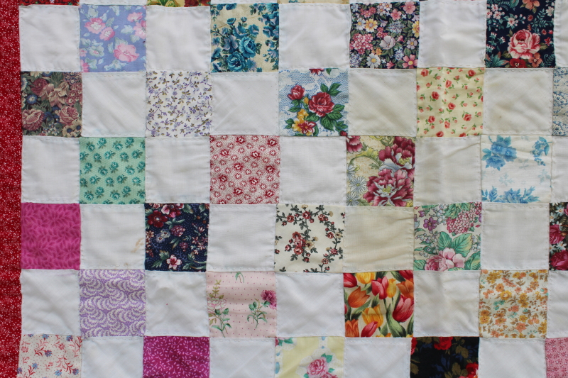 photo of vintage hand quilted cotton patchwork mini quilt wall hanging, colorful print fabric blocks #2