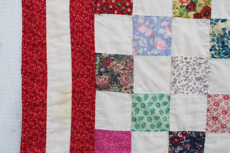 photo of vintage hand quilted cotton patchwork mini quilt wall hanging, colorful print fabric blocks #3