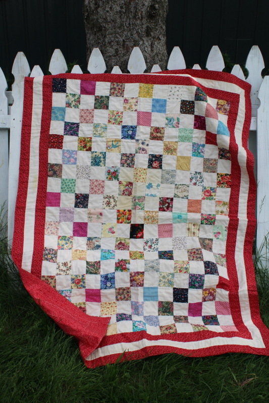 photo of vintage hand quilted cotton patchwork mini quilt wall hanging, colorful print fabric blocks #5