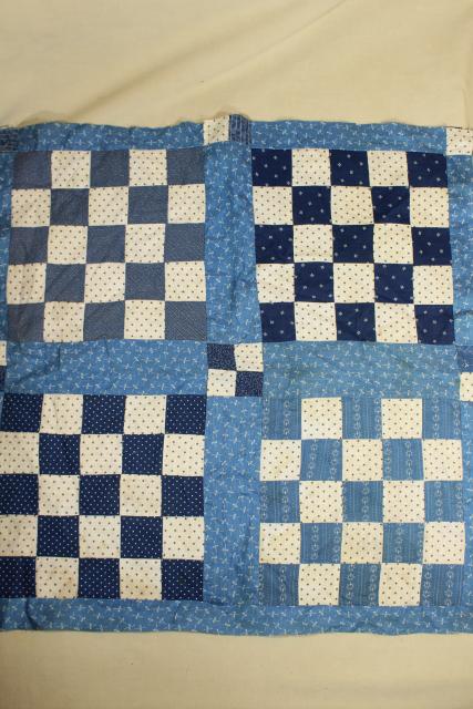 photo of vintage hand sewn patchwork block mini quilt top, early indigo antique fabric #1