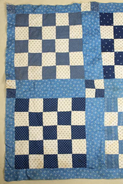 photo of vintage hand sewn patchwork block mini quilt top, early indigo antique fabric #3