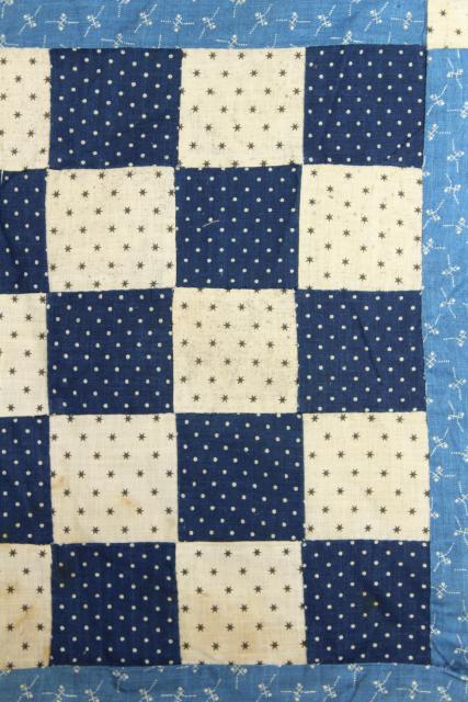 photo of vintage hand sewn patchwork block mini quilt top, early indigo antique fabric #4