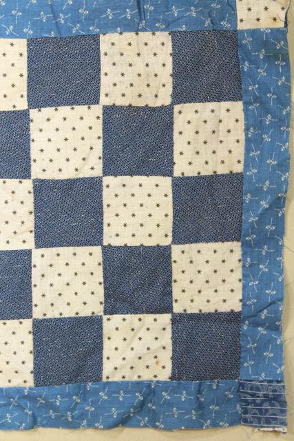 photo of vintage hand sewn patchwork block mini quilt top, early indigo antique fabric #5