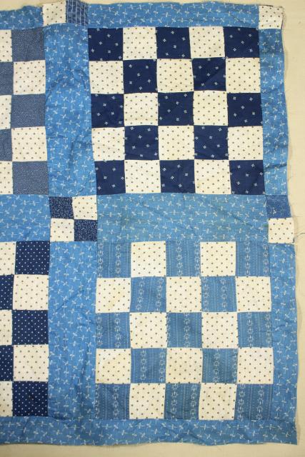 photo of vintage hand sewn patchwork block mini quilt top, early indigo antique fabric #6