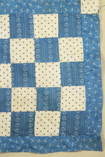 photo of vintage hand sewn patchwork block mini quilt top, early indigo antique fabric #7