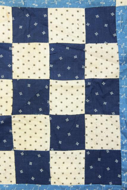 photo of vintage hand sewn patchwork block mini quilt top, early indigo antique fabric #8