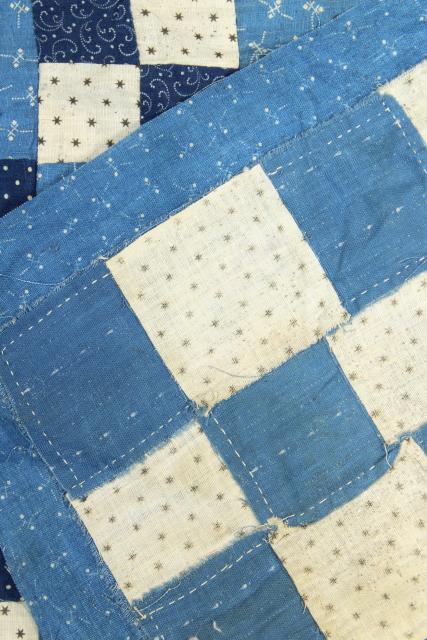 photo of vintage hand sewn patchwork block mini quilt top, early indigo antique fabric #9