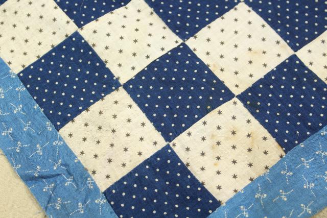 photo of vintage hand sewn patchwork block mini quilt top, early indigo antique fabric #10