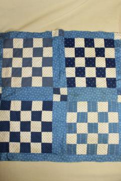 vintage hand sewn patchwork block mini quilt top, early indigo antique fabric