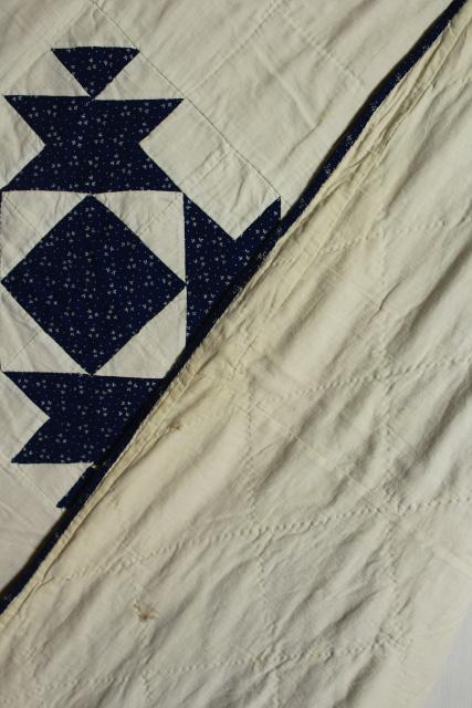 photo of vintage hand stitched cotton patchwork quilt, indigo blue & white rustic farmhouse bedspread #2