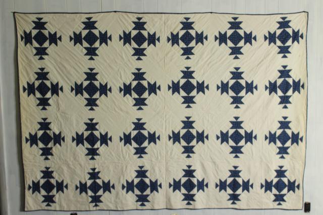 photo of vintage hand stitched cotton patchwork quilt, indigo blue & white rustic farmhouse bedspread #7