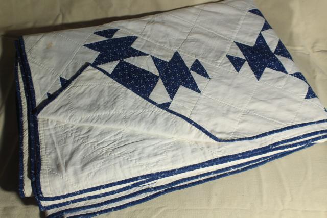 photo of vintage hand stitched cotton patchwork quilt, indigo blue & white rustic farmhouse bedspread #8