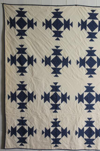 photo of vintage hand stitched cotton patchwork quilt, indigo blue & white rustic farmhouse bedspread #9