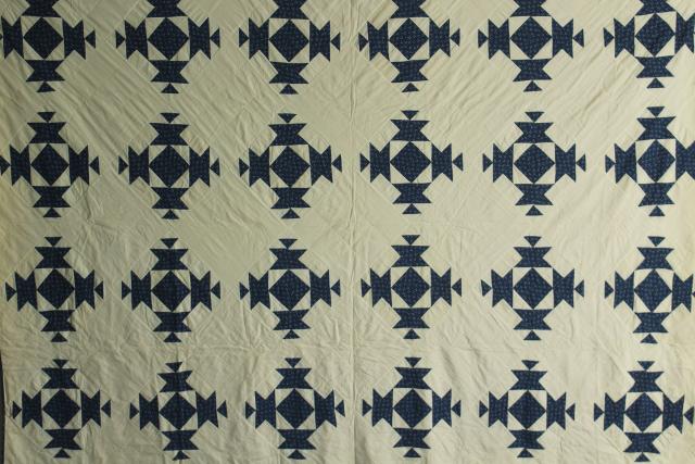 photo of vintage hand stitched cotton patchwork quilt, indigo blue & white rustic farmhouse bedspread #10