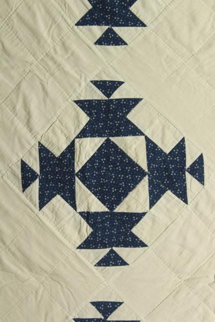 photo of vintage hand stitched cotton patchwork quilt, indigo blue & white rustic farmhouse bedspread #11