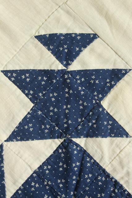 photo of vintage hand stitched cotton patchwork quilt, indigo blue & white rustic farmhouse bedspread #12