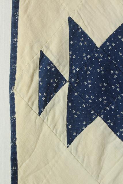 photo of vintage hand stitched cotton patchwork quilt, indigo blue & white rustic farmhouse bedspread #13