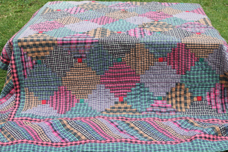photo of vintage hand stitched cotton patchwork quilt, rustic plaids & tartans red, green, mustard gold  #1