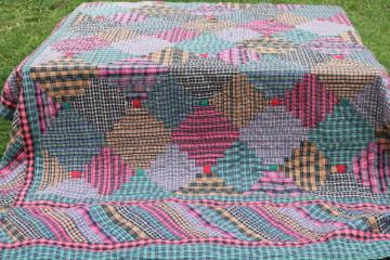 catalog photo of vintage hand stitched cotton patchwork quilt, rustic plaids & tartans red, green, mustard gold 