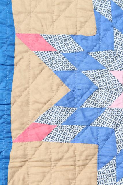 photo of vintage hand stitched cotton quilt, big lone star blocks pink & blue patchwork  #2