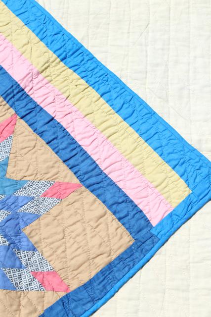 photo of vintage hand stitched cotton quilt, big lone star blocks pink & blue patchwork  #6