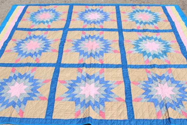 photo of vintage hand stitched cotton quilt, big lone star blocks pink & blue patchwork  #7