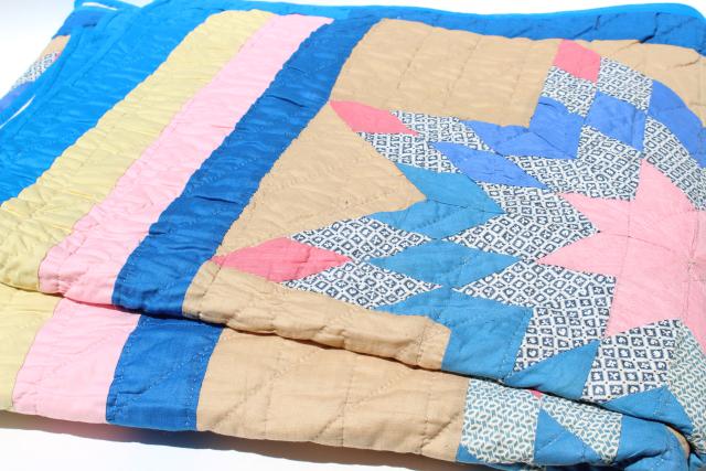 photo of vintage hand stitched cotton quilt, big lone star blocks pink & blue patchwork  #8