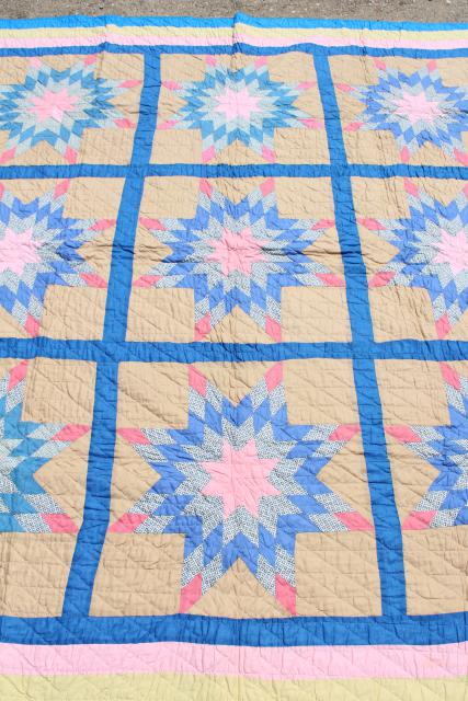 photo of vintage hand stitched cotton quilt, big lone star blocks pink & blue patchwork  #9