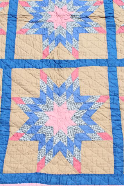 photo of vintage hand stitched cotton quilt, big lone star blocks pink & blue patchwork  #10