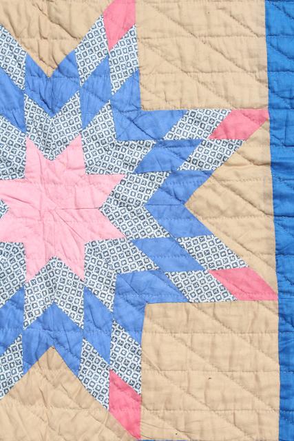 photo of vintage hand stitched cotton quilt, big lone star blocks pink & blue patchwork  #11