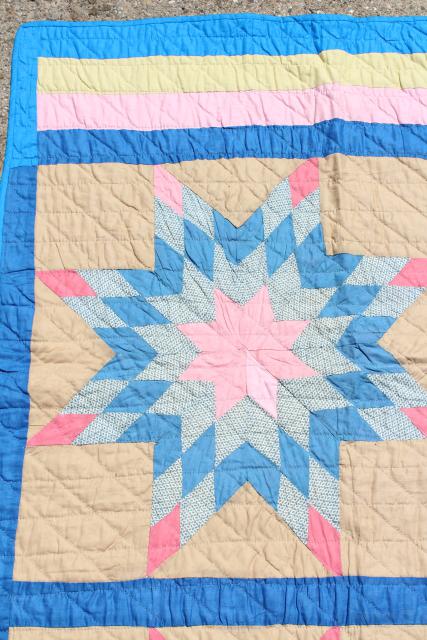 photo of vintage hand stitched cotton quilt, big lone star blocks pink & blue patchwork  #12