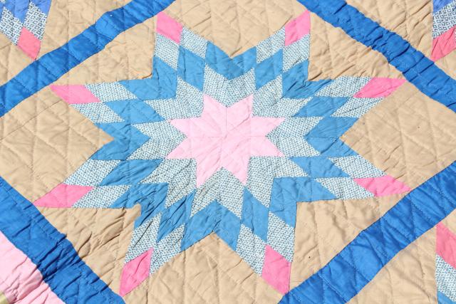 photo of vintage hand stitched cotton quilt, big lone star blocks pink & blue patchwork  #13