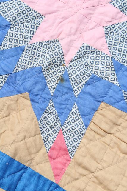 photo of vintage hand stitched cotton quilt, big lone star blocks pink & blue patchwork  #14