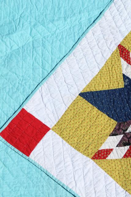 photo of vintage hand stitched cotton quilt, big lone star blocks red, blue, mustard yellow  #4