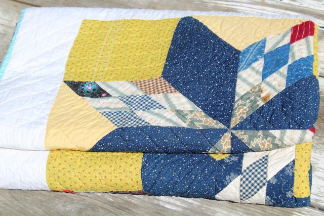 photo of vintage hand stitched cotton quilt, big lone star blocks red, blue, mustard yellow  #5