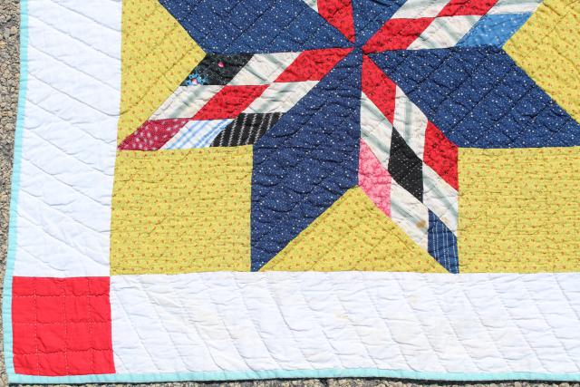 photo of vintage hand stitched cotton quilt, big lone star blocks red, blue, mustard yellow  #7