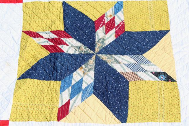 photo of vintage hand stitched cotton quilt, big lone star blocks red, blue, mustard yellow  #9