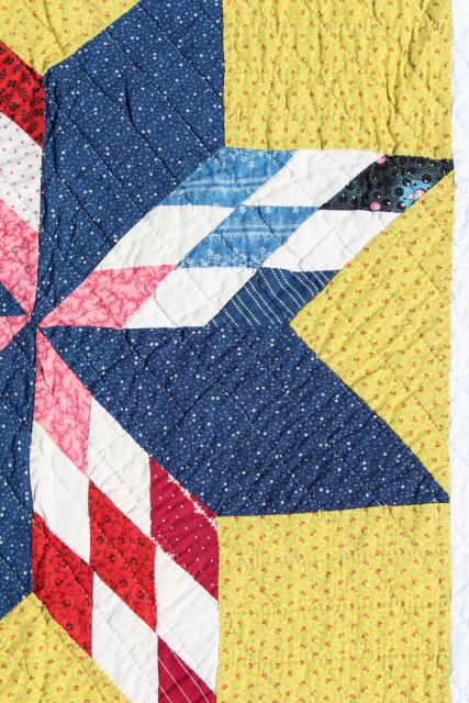 photo of vintage hand stitched cotton quilt, big lone star blocks red, blue, mustard yellow  #10