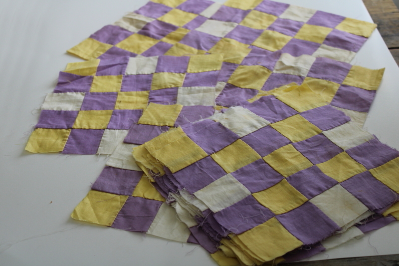 photo of vintage hand stitched cotton quilt blocks, patchwork solid colors lilac lavender & yellow #1