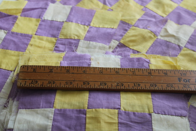 photo of vintage hand stitched cotton quilt blocks, patchwork solid colors lilac lavender & yellow #2