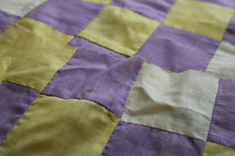 photo of vintage hand stitched cotton quilt blocks, patchwork solid colors lilac lavender & yellow #3