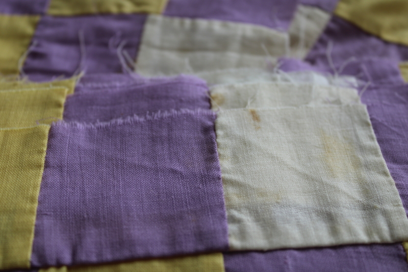 photo of vintage hand stitched cotton quilt blocks, patchwork solid colors lilac lavender & yellow #4